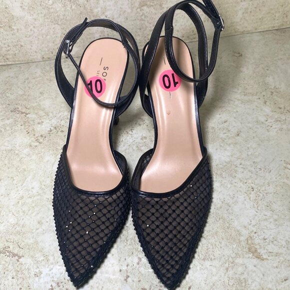 Black Mesh Pointed Toe Heels With Ankle Strap Stiletto Heel Size 10 - Picture 3 of 9